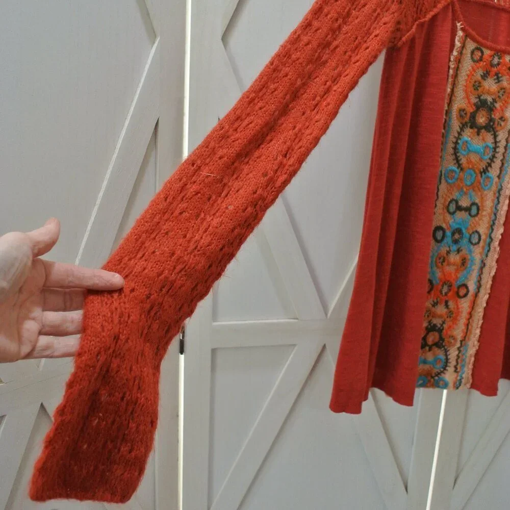 Free People Boho Crochet Sleeve Embroidery Panel Top